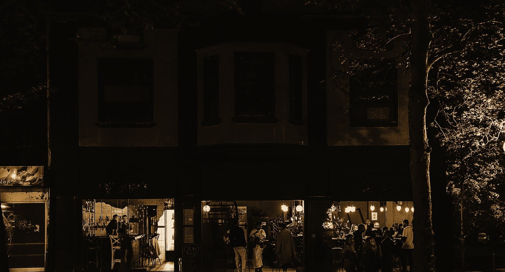 Gravity Ruin Bar lit up at night on the corner of Vasil Levski and Alexandrovska, Burgas